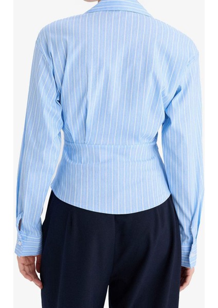 Kadın Mavi Kruvaze Regular Fit V Yaka Çizgili Bengalin Uzun Kollu Gömlek - Kadın Gömlek indirimleri