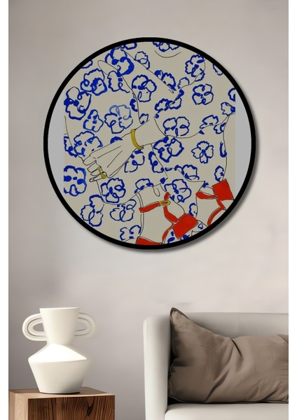 Dekoratif Ahşap Yuvarlak Çerçeve Görünümlü Tablo Çiçekli Elbise Deseni