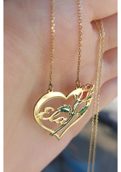 925 Ayar Gümüş 24 Ayar Altın Kaplama Isimli Kalpli Gül Kolye