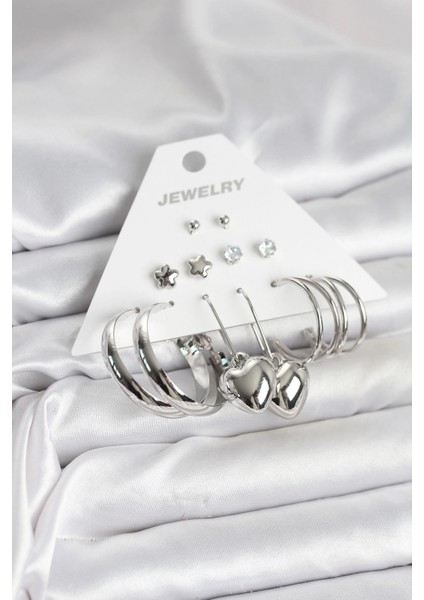 Pirinç Gümüş Renk 6 Çift Kadın Küpe Seti - TJ-BKP11340