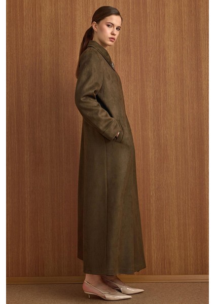 Devrik Yaka Taş Detaylı Süet Görünümlü Büyük Beden Pardesü K.haki 6795 modelleri