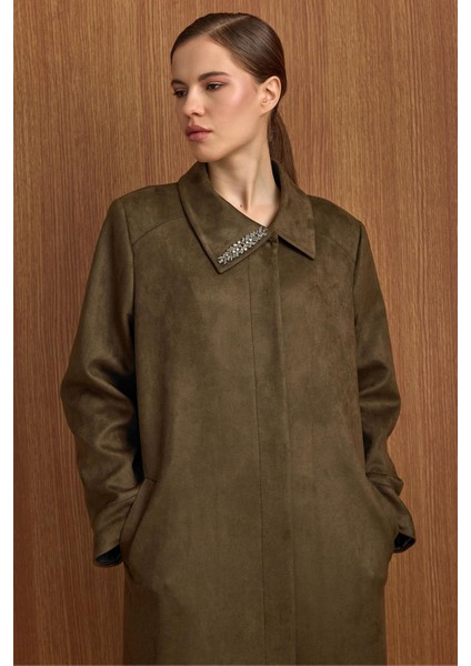 Devrik Yaka Taş Detaylı Süet Görünümlü Büyük Beden Pardesü K.haki 6795 indirimleri