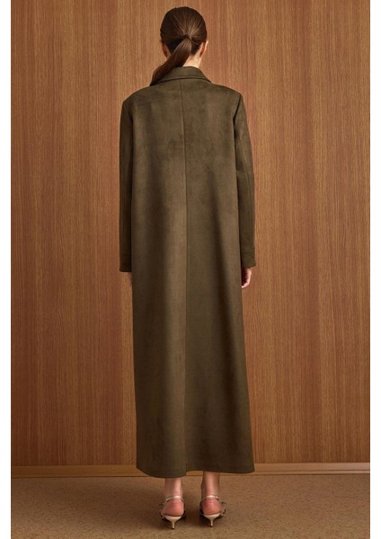Devrik Yaka Taş Detaylı Süet Görünümlü Büyük Beden Pardesü K.haki 6795