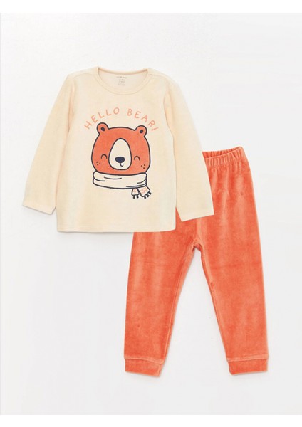 Lcw Baby Bej Bisiklet Yaka Uzun Kollu Baskılı Erkek Bebek Tişört ve Pantolon 2'li Takım