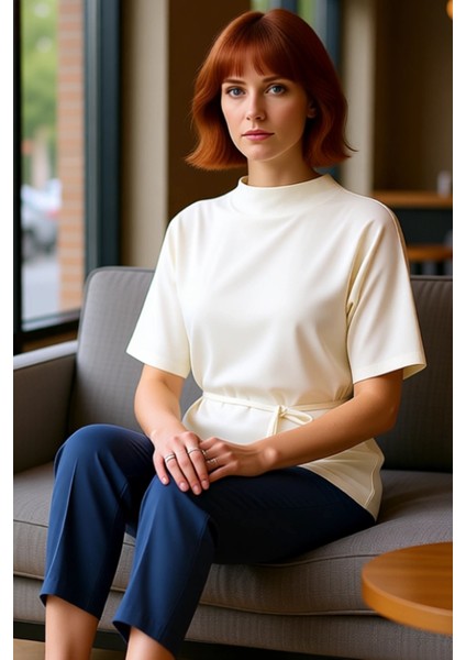 Kadın Regular Fit Dik Yaka Uzun Örme Bluz Kaliteli Şık Rahat Modern Zarif Günlük