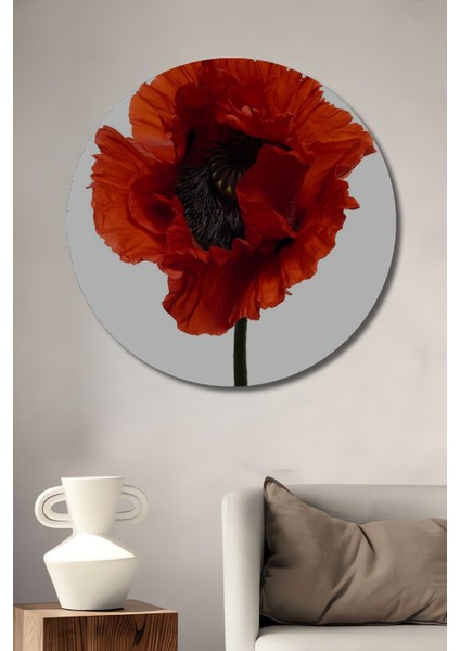 Dekoratif Ahşap Yuvarlak Tablo Kırmızı Gelincik