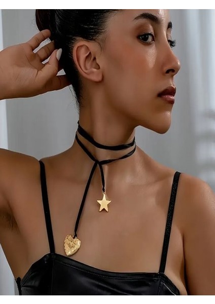 Kalp ve Yıldızlı Minimalist Kurdele Kolye