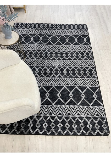 Gri Siyah Iskandinav Tarzı Kilim Desenli Yolluk Lateks Halı modelleri