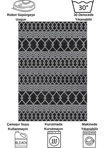 Gri Siyah Iskandinav Tarzı Kilim Desenli Yolluk Lateks Halı