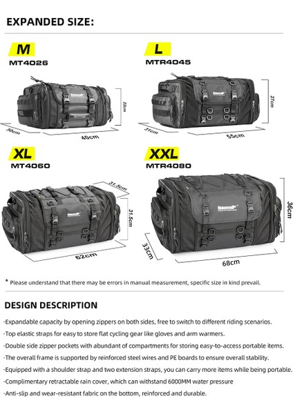 33-45L, 40-60L, 60-80L Genişletilebilir Su Geçirmez Motosiklet Kuyruk Çantası