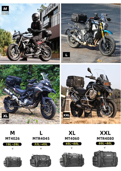 33-45L, 40-60L, 60-80L Genişletilebilir Su Geçirmez Motosiklet Kuyruk Çantası modelleri
