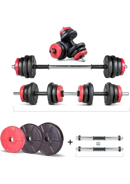 22 kg Multifonksiyonel Kırmızı Siyah Halter Seti ve Dambıl Seti