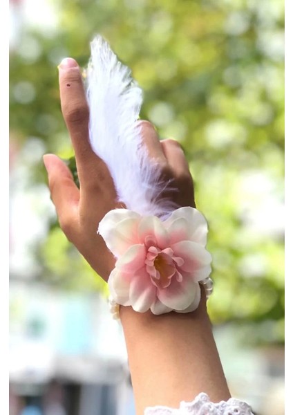 Bfs Bride To Be Nedime Gelin Bilekliği Tüy ve Inci Boncuk Detaylı Somon Renkli Bekarlığa Veda