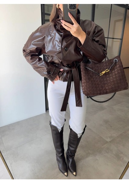 Dik Yaka Belden Kuşaklı Deri Ceket fırsatları