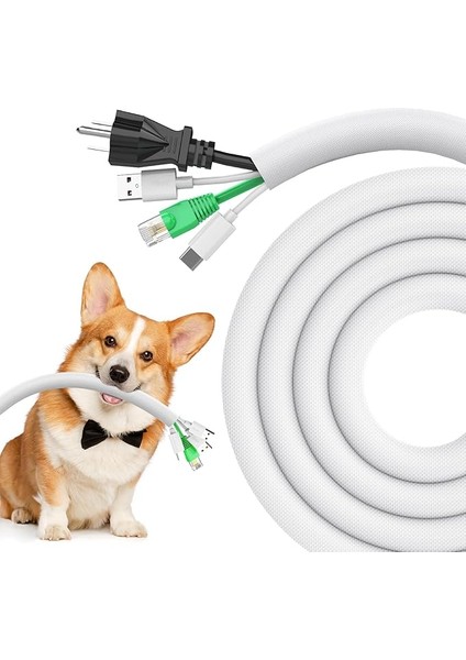 Köpek ve Kedi Kablo Koruma Izgarası, Kablo Hortumları 3 Metre - 12,7 Mm, Kabloyu Evcil Hayvanları Çiğnemeye Karşı Koruma, Genişletilebilir Örgülü Kendinden Kapanan Kablo Hortumu, Beyaz
