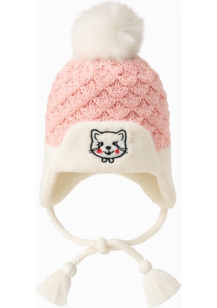Kız Çocuk Kulak Korumalı Kedi Figürlü Içi Polar Ponponlu Örgü Bere 1-4 Yaş