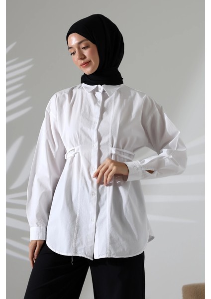 Kadın 100% Pamuk Poplin Kumaş Beyaz Tesettür Gömlek