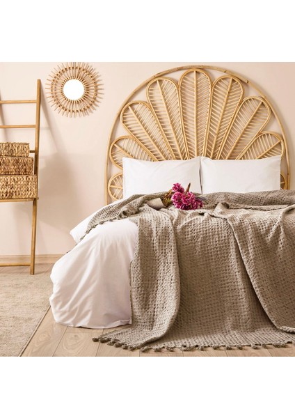 Yün Waffle Çift Kişilik Yatak Örtüsü - Bej - 200X220 cm