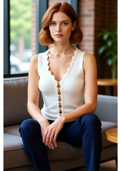 Kadın Kolsuz V Yaka Triko Üst Premium Iplik Özel Tasarım Düğmeler Kaliteli Şık Rahat Modern