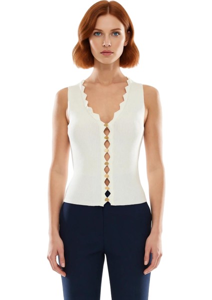 Kadın Kolsuz V Yaka Triko Üst Premium Iplik Özel Tasarım Düğmeler Kaliteli Şık Rahat Modern fiyatları