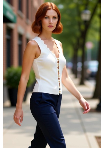 Kadın Kolsuz V Yaka Triko Üst Premium Iplik Özel Tasarım Düğmeler Kaliteli Şık Rahat Modern fırsatları