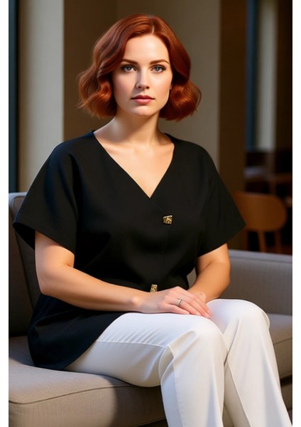 Asimetrik Düğmeli V Yaka Kısa Kollu Kadın Triko Üst Kaliteli Şık Rahat Modern Zarif Günlük