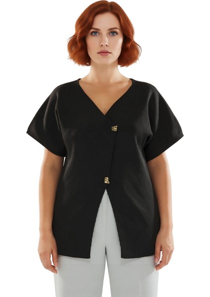 Asimetrik Düğmeli V Yaka Kısa Kollu Kadın Triko Üst Kaliteli Şık Rahat Modern Zarif Günlük fiyatları