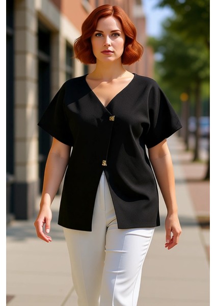 Asimetrik Düğmeli V Yaka Kısa Kollu Kadın Triko Üst Kaliteli Şık Rahat Modern Zarif Günlük fırsatları