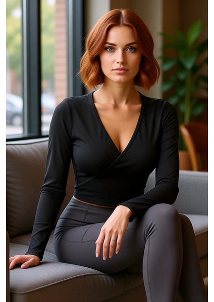 Kadınlar Için V Yaka Uzun Kollu Örme Dalgıç Kumaş Crop Spor Üst Kaliteli Şık Rahat Modern Zarif