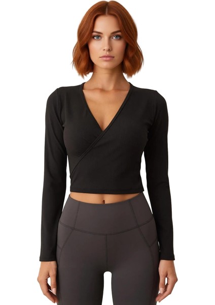 Kadınlar Için V Yaka Uzun Kollu Örme Dalgıç Kumaş Crop Spor Üst Kaliteli Şık Rahat Modern Zarif fiyatları