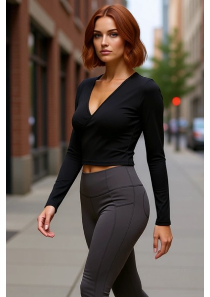 Kadınlar Için V Yaka Uzun Kollu Örme Dalgıç Kumaş Crop Spor Üst Kaliteli Şık Rahat Modern Zarif fırsatları