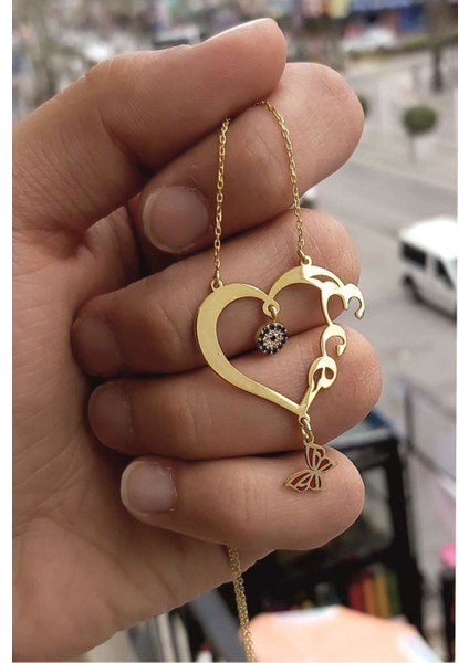 925 Ayar Gümüş 24 Ayar Altın Kaplama Nazar Boncuklu ve Kelebekli Kalp Kolye