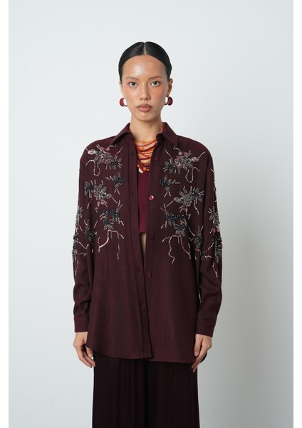 Kadın Önü Boncuk Işlemeki Bordo Renk Oversize Gömlek