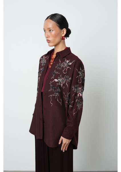 Kadın Önü Boncuk Işlemeki Bordo Renk Oversize Gömlek fiyatları