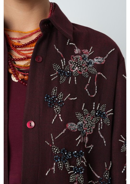 Kadın Önü Boncuk Işlemeki Bordo Renk Oversize Gömlek modelleri