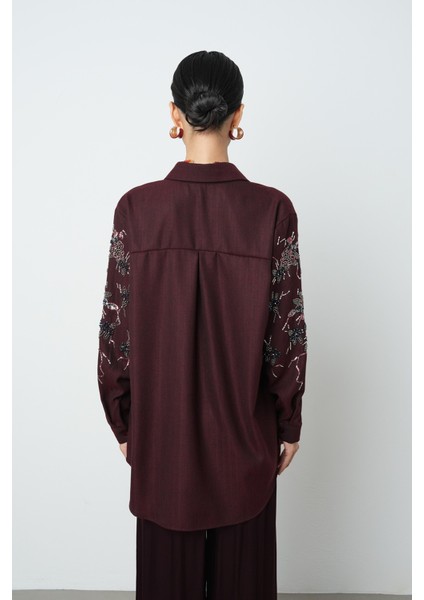 Kadın Önü Boncuk Işlemeki Bordo Renk Oversize Gömlek indirimleri