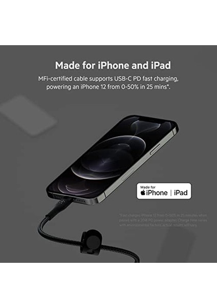 Boostcharge Pro Örgülü Usb-C/lightning Kablosu, 1 M, Mfı Sertifikalı, 20 W, Hızlı Şarj Için, Pd Power Delivery Ile, 14/14 Plus, 13, 12, Pro, Max, Mini Gibi Cihazlar Için, Siyah modelleri