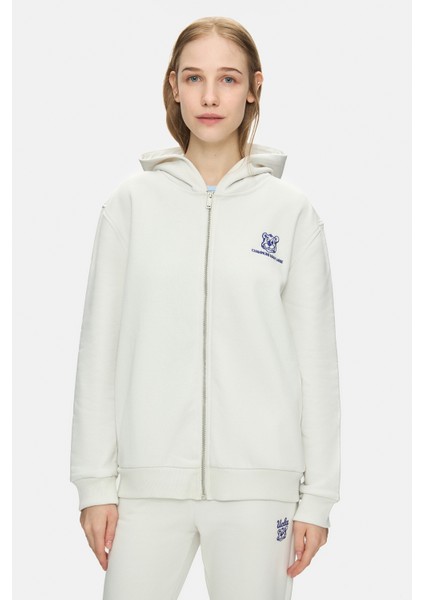 Esther Kemik Rengi Fermuarlı ve Cepli Nakışlı Loose Fit Kadın Sweatshirt