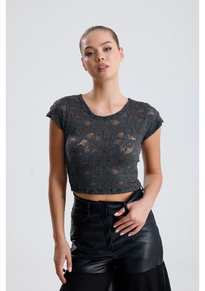 Dantel Transparan Kısa Kollu Bluz | BUST35379