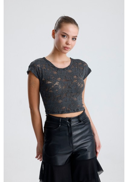 Dantel Transparan Kısa Kollu Bluz | BUST35379 fiyatları