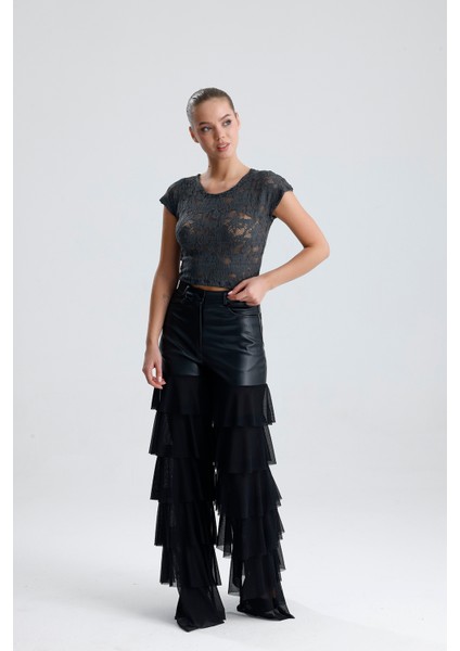 Dantel Transparan Kısa Kollu Bluz | BUST35379