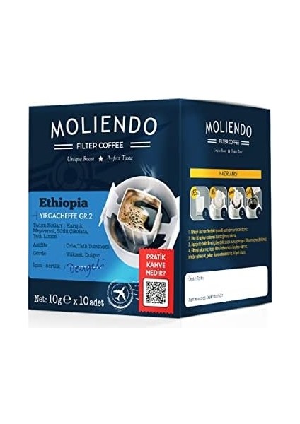 Moliendo Finest Coffee Ethiopia Yirgacheffe Pratik Filtre Kahve 10X10 G modelleri