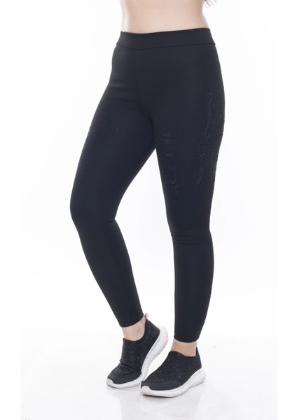 Kadın Siyah Beli Lastikli Yanı Taş Işlemeli Toparlayıcı Tayt