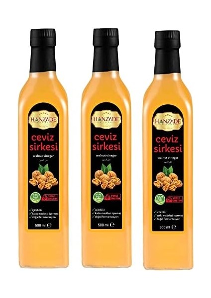 Hanzade Bitkisel Ceviz Sirkesi 500 ml x 3 Adet Doğal Fermantasyon Içilebilir Katkısız Cam Şişe