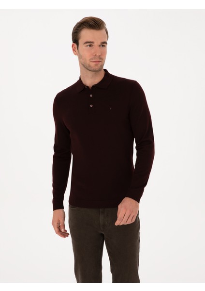 Erkek Bordo Slim Fit Yün Karışımlı Polo Yaka Basic Triko Kazak 50315267-VR014