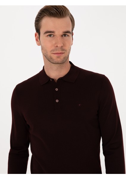 Erkek Bordo Slim Fit Yün Karışımlı Polo Yaka Basic Triko Kazak 50315267-VR014 fiyatları