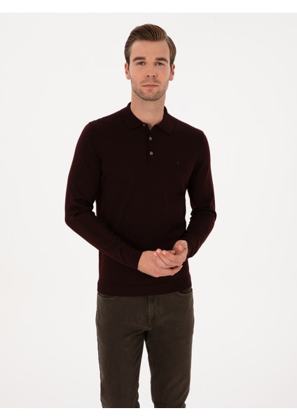 Erkek Bordo Slim Fit Yün Karışımlı Polo Yaka Basic Triko Kazak 50315267-VR014 modelleri