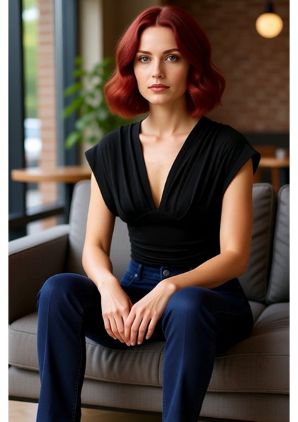 Kadın V Yaka Büzgülü Vücuda Oturan Örme Bluz Cool & Comfort Kaliteli Şık Rahat Modern Zarif