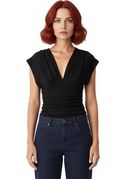 Kadın V Yaka Büzgülü Vücuda Oturan Örme Bluz Cool & Comfort Kaliteli Şık Rahat Modern Zarif fiyatları