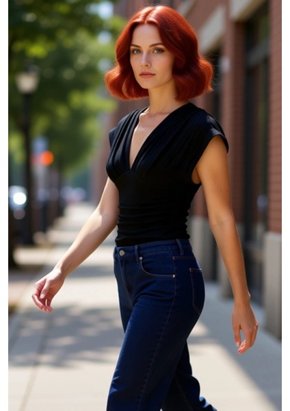 Kadın V Yaka Büzgülü Vücuda Oturan Örme Bluz Cool & Comfort Kaliteli Şık Rahat Modern Zarif fırsatları